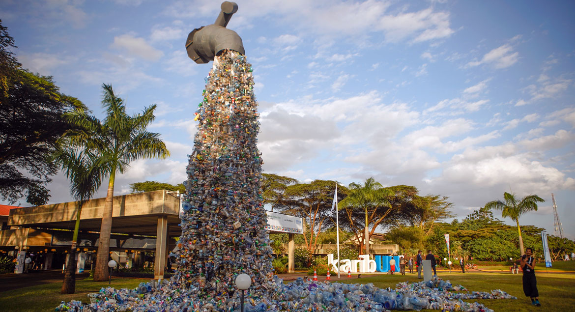 plastic pollution sculpture outside UN conference