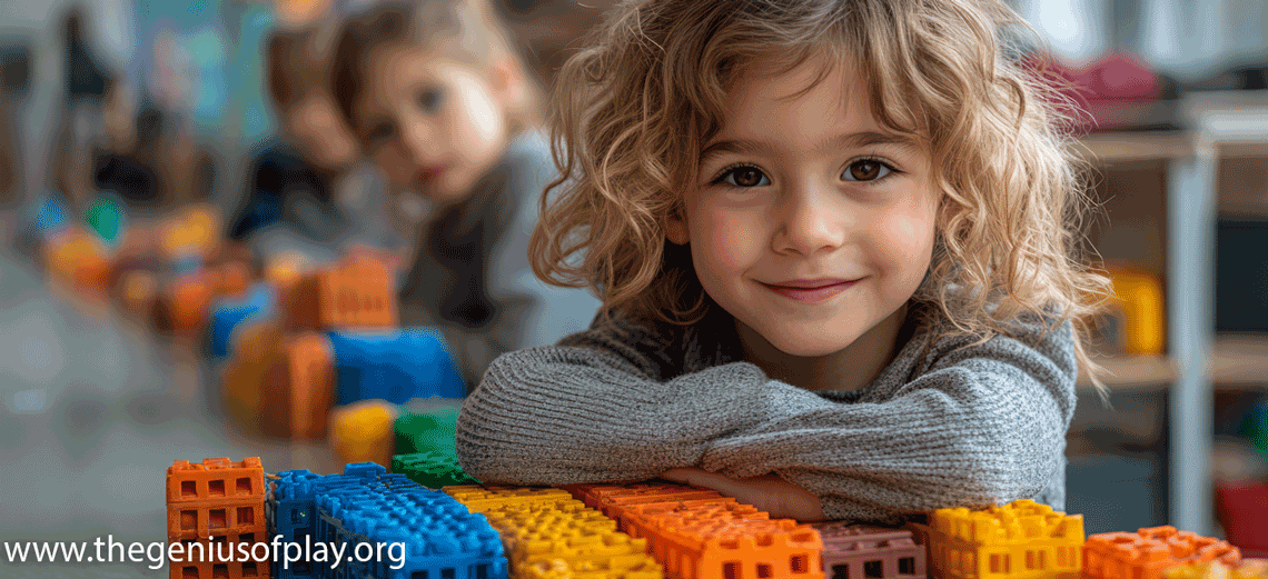 elementary age girl smiling with a colorful builder set